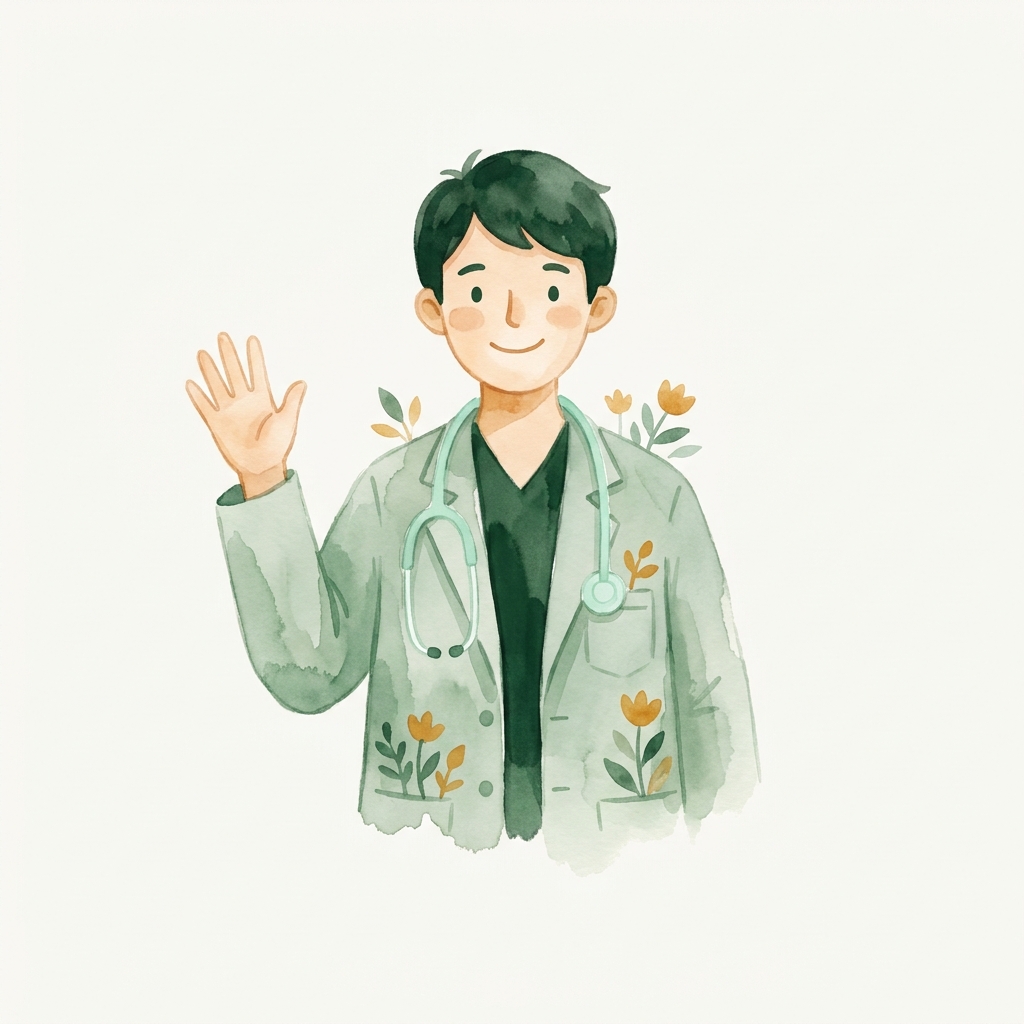 Watercolor illustration of a friendly pediatrician waving