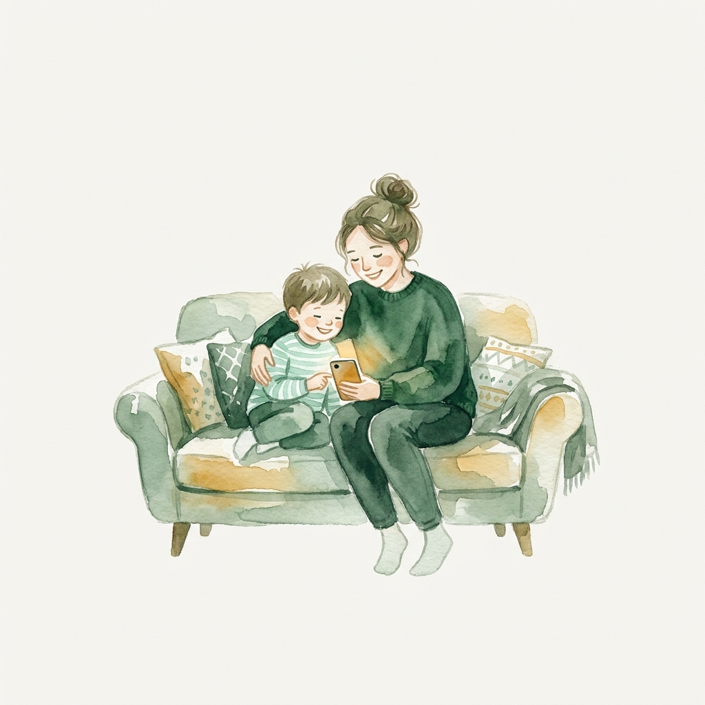 A parent and child checking in with their care team from the couch