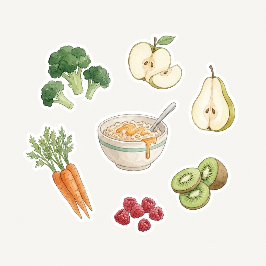 Watercolor stickers of fiber-rich foods: broccoli, apples, oatmeal, carrots and berries